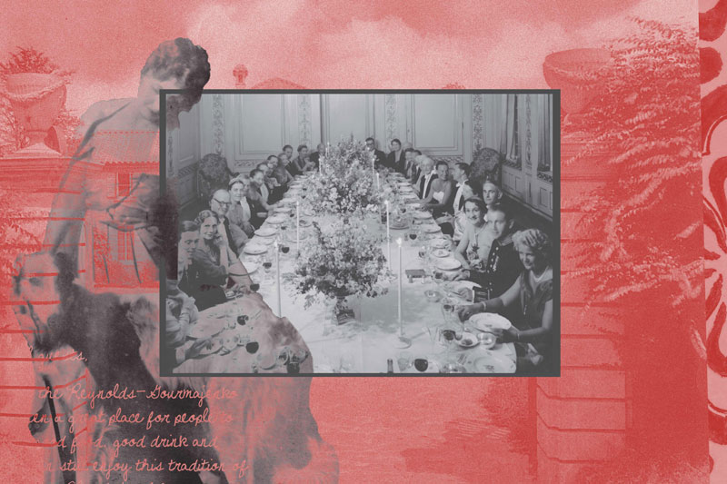 collage of old italian-style villa with red overlay and old black and white photo of an elegant dinner at a very long table